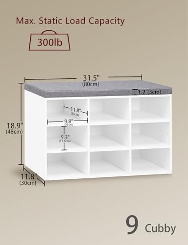 DINZI LVJ Shoe Storage Bench with Cushion, 31.5" Cubby Shoe Rack, 9 Cubbies