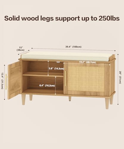 Akxomel 39.4" Rattan Shoe Storage Bench 2 Doors Wooden Entryway Bench Oak