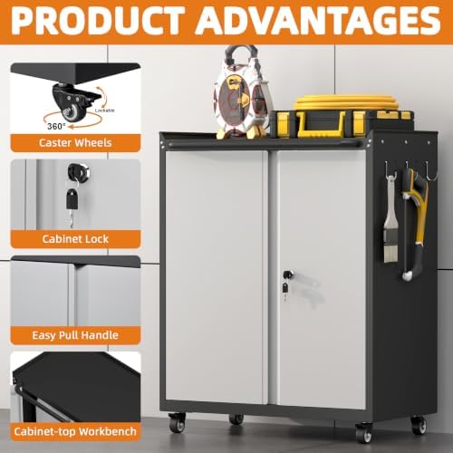 32''H Metal Garage Storage Cabinet with Wheels, Tool Storage Cabinets...