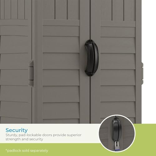 Suncast 22 Cu Ft, Vertical Storage Shed, Pad-Lockable Double Doors, Stoney