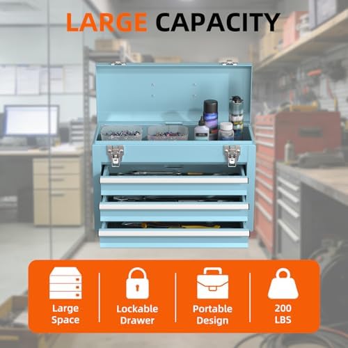 Portable Metal Tool Box – 3 Drawers Lockable Mini Toolbox, Heavy-Duty Tool Ch...
