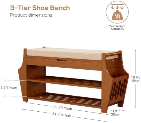 Shoe Bench 34.3in, Bamboo 3-Tier Entryway Bench with Storage, Shoe Rack