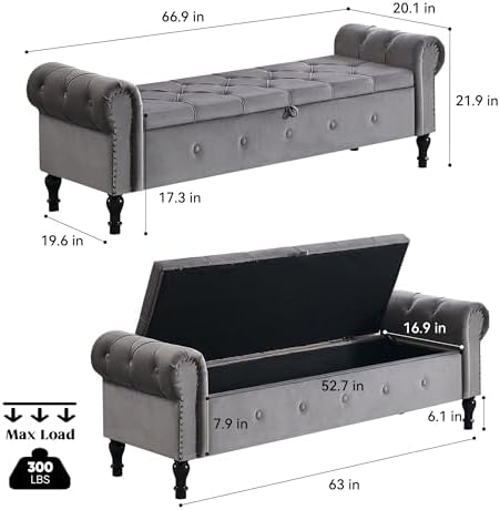 Storage Bench 67" Velvet End of Bed Benches Dark Grey