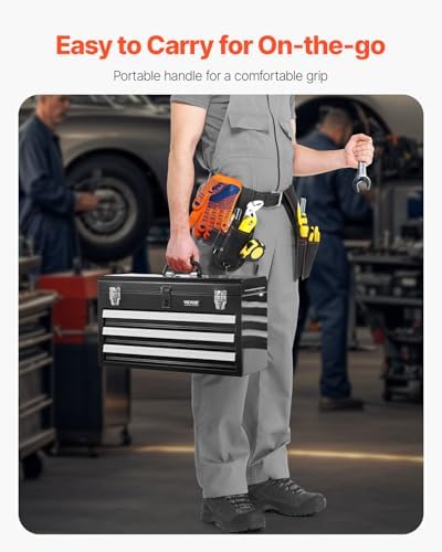 VEVOR Metal Tool Box, 20.5-inch, Portable Metal Tool Box with 3 Drawers, Smal...
