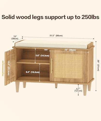 Akxomel 31.5" Rattan Shoe Storage Bench 2 Doors Wooden Entryway Bench Oak