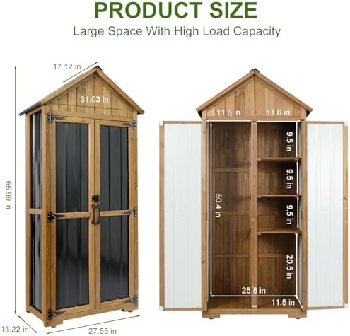 Wood & Metal Outdoor Storage Cabinet with Waterproof Roof, Garden Tool Sh...