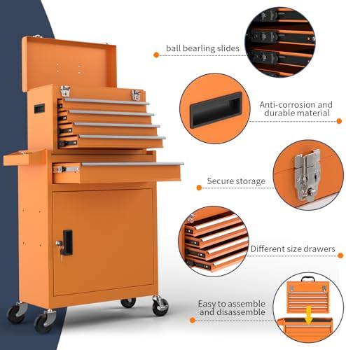 5-Drawer High Capacity Rolling Tool Chest, Removable Cabinet Storage Tool Box...