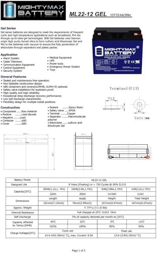 Mighty Max Battery ML22-12 GEL - 12 Volt 22 AH, GEL Type, Internal Thread (IN...