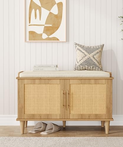 Akxomel 31.5" Rattan Shoe Storage Bench 2 Doors Wooden Entryway Bench Oak