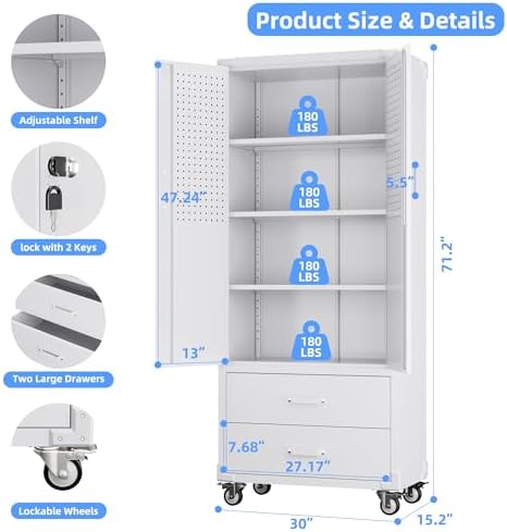 Metal Garage Storage Cabinet with Wheels, 2 Drawers and Pegboard, White