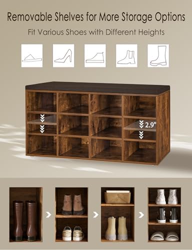 DINZI LVJ Shoe Storage Bench with Cushion, 40.9" Cubby Shoe Rack, 12-Cubby