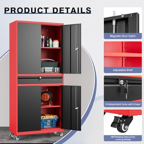 Metal Garage Storage Cabinet with Wheels, Rolling Garage Cabinet with Locking...