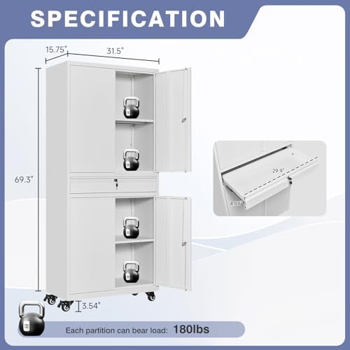 73" Metal Garage Storage Cabinet with Wheels, Rolling Tool Storage with ...
