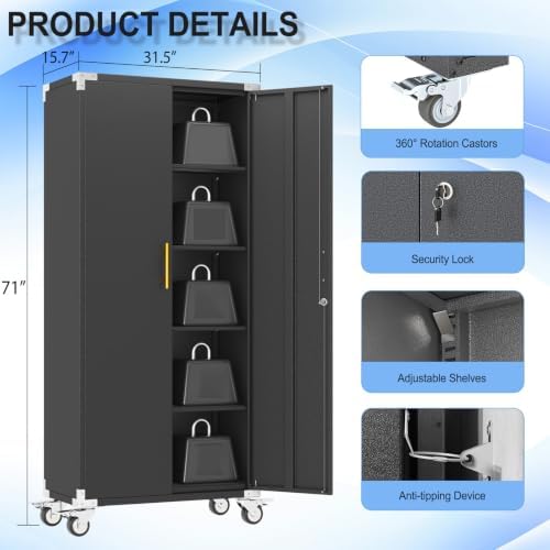 pozdeg 71" Black Tall Lockable Rolling Metal Garage Storage Cabinet 