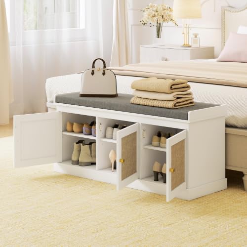 HOMCOM Shoe Bench Storage Rattan Doors 13.8 x 41.3 x 18.5 Inches White