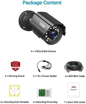 ZOSI 4 Pack 1080P 1920TVL Home Security Cameras Outdoor Indoor, Night Vision,...