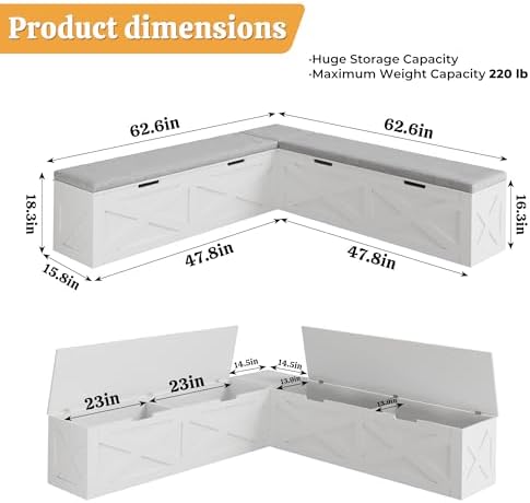 Bobve L-Shape Storage Bench with Cushion, Backless Corner Dining Bench, Kitch...