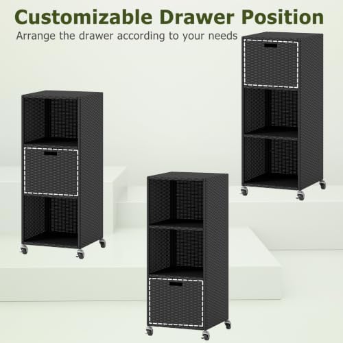 HAPPYGRILL Outdoor Storage Cabinet with Wheels, PE Rattan Wicker Storage