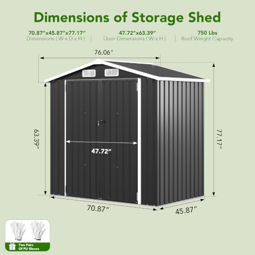 MXV 6x4 FT Outdoor Metal Storage Shed, Lockable Galvanized Steel Tool House w...