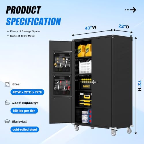 Yeeoy 72" Wide&Deep Metal Garage Storage Cabinet with Wheels, Black
