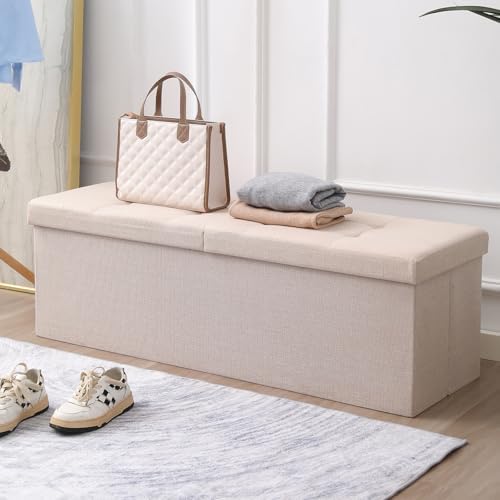 Storage Ottoman Bench Foldable Footrest Foot Stool, 45" Fabric Beige