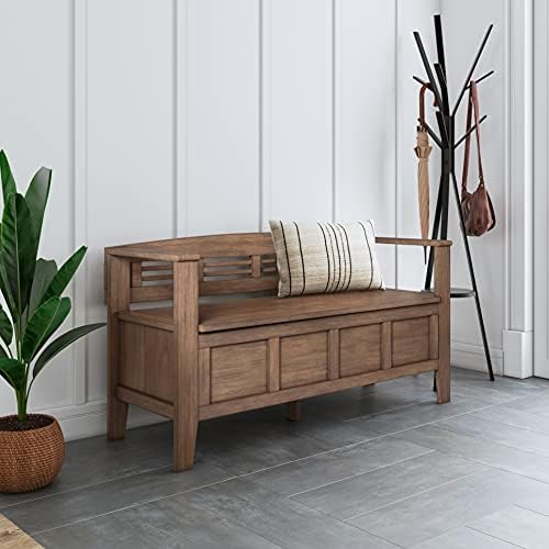 SIMPLIHOME Adams 48" Wide Solid Wood Storage Bench in Natural Brown