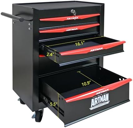 Heavy Duty 5-Drawer Rolling Tool Chest, Key Lock Tool Storage Cabinet with Lo...