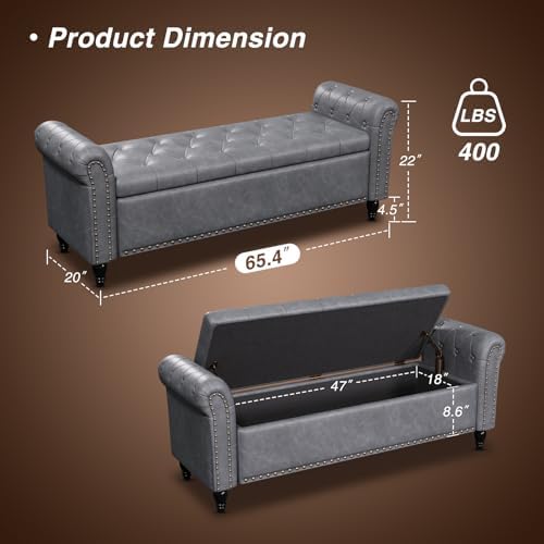 FiveWillowise 65" Bedroom Bench, End of Bed Bench with Storage, Gray