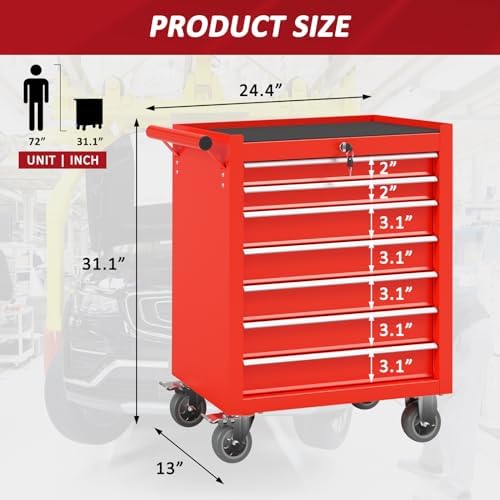 7 Drawers Rolling Tool Chest with Wheels, Portable Rolling Tool Boxes with Wh...