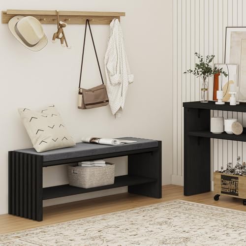 BON AUGURE Entryway Shoe Bench with Storage & Cushion for Mudroom, Black
