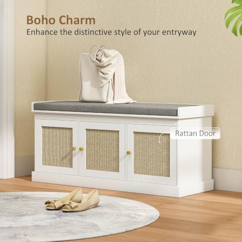 HOMCOM Shoe Bench Storage Rattan Doors 13.8 x 41.3 x 18.5 Inches White