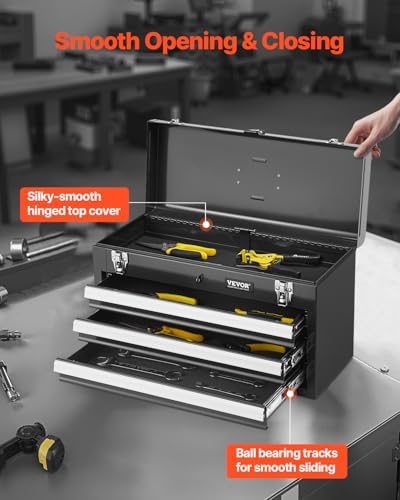 VEVOR Metal Tool Box, 20.5-inch, Portable Metal Tool Box with 3 Drawers, Smal...
