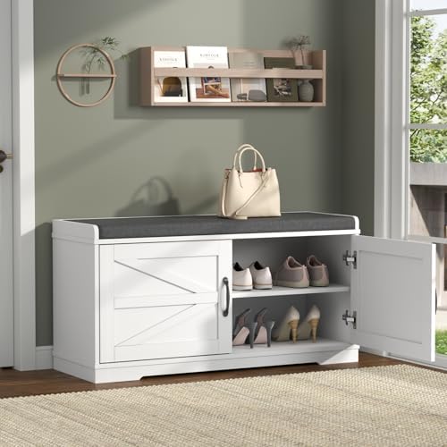Loomie Shoe Storage Bench, 2-Tier Farmhouse Entryway Bench with Padded Seat C...