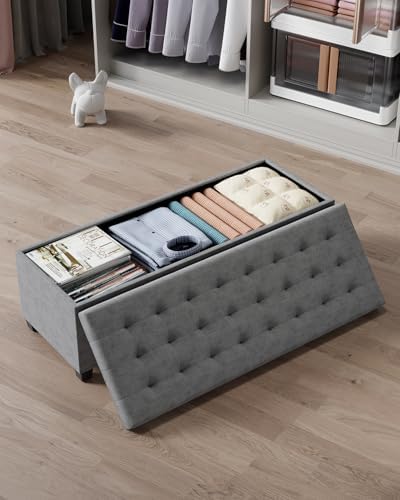 ABHENG Chenille Storage Ottoman Bench with Legs, 43.5”W x 15.7”D x 15.7”H,Met...