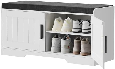 Homleke Shoe Storage Bench, 2 Doors & Thickened Padded Seat Cushion