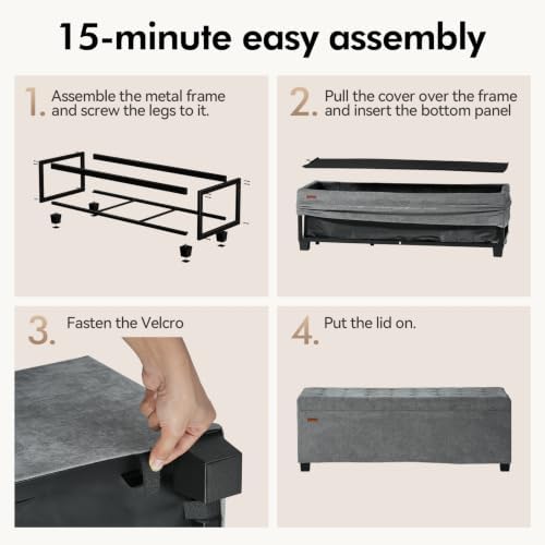 ABHENG Chenille Storage Ottoman Bench with Legs, 43.5”W x 15.7”D x 15.7”H,Met...