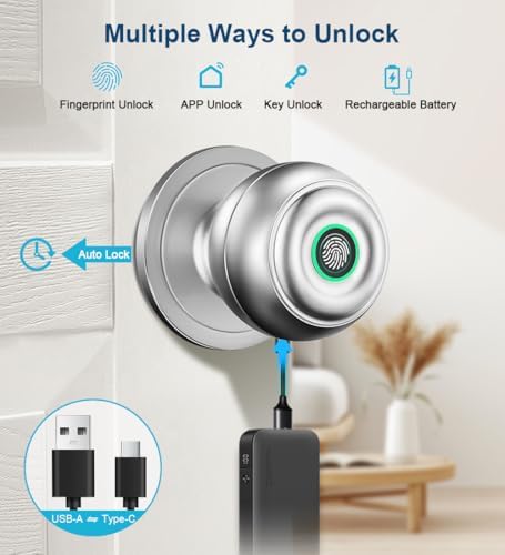 Fingerprint Door Lock, Smart Fingerprint Door Knob with Lock, Silver