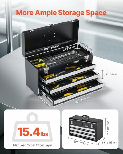 VEVOR Metal Tool Box, 20.5-inch, Portable Metal Tool Box with 3 Drawers, Smal...