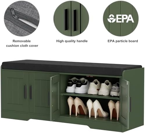 Homleke Shoe Storage Bench, 4 Doors & Thickened Padded Seat Cushion