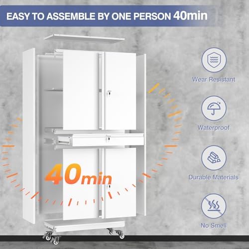 73" Metal Garage Storage Cabinet with Wheels, Rolling Tool Storage with ...