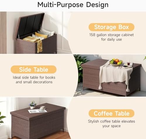 ONBRILL 158 Gallon XL Wicker Deck Box, Outdoor Patio Storage Box, Brown