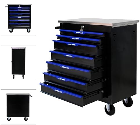 RYH 7 Drawers Rolling Tool Chest (Black-Blue, 7-Drawers 30.7" H×25.9&quo...