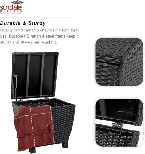 Sundale Black Wicker Storage Box, 13 Gallon Outdoor Deck Bin with Lid