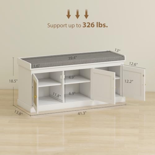 HOMCOM Shoe Bench Storage Rattan Doors 13.8 x 41.3 x 18.5 Inches White