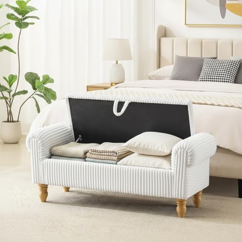 55" Entryway Bench with Storage for Queen Bed, White corduroy Ottoman