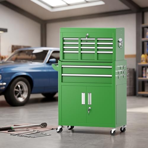 Greenvelly Tool Chest, 8-Drawer Rolling Tool Chest with Hooks and Lockable Wh...