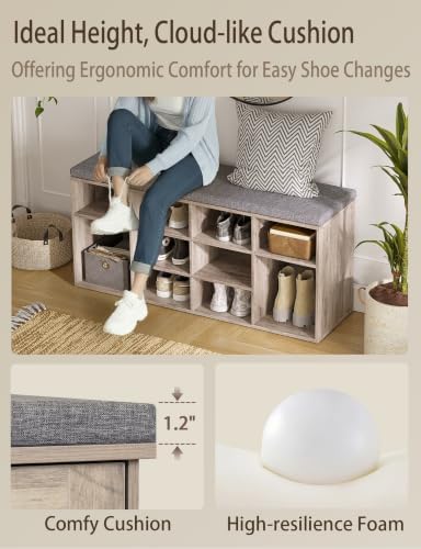DINZI LVJ Shoe Storage Bench with Cushion, 40.9" Cubby Shoe Rack, 12-Cubby