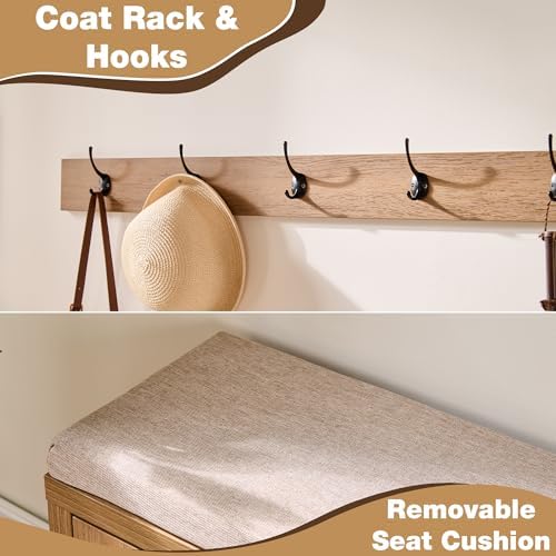 Rattan Narrow Entryway Bench with Shoe Storage, 2 Flip Drawers & Coat Rac...