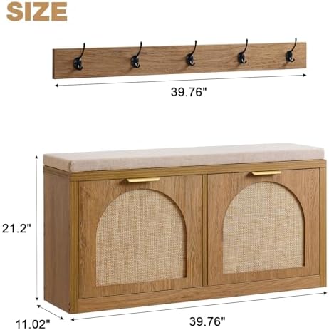 Rattan Narrow Entryway Bench with Shoe Storage, 2 Flip Drawers & Coat Rac...