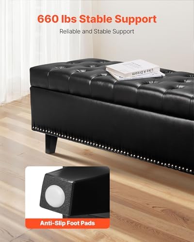 VEVOR Button-Tufted Storage Ottoman Bench, PU Leather Bench with Storage and ...